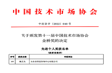 公司董事長(zhǎng)魏正杰榮獲“中國技術(shù)市場(chǎng)協(xié)會(huì)金橋獎(jiǎng)先進(jìn)個(gè)人”